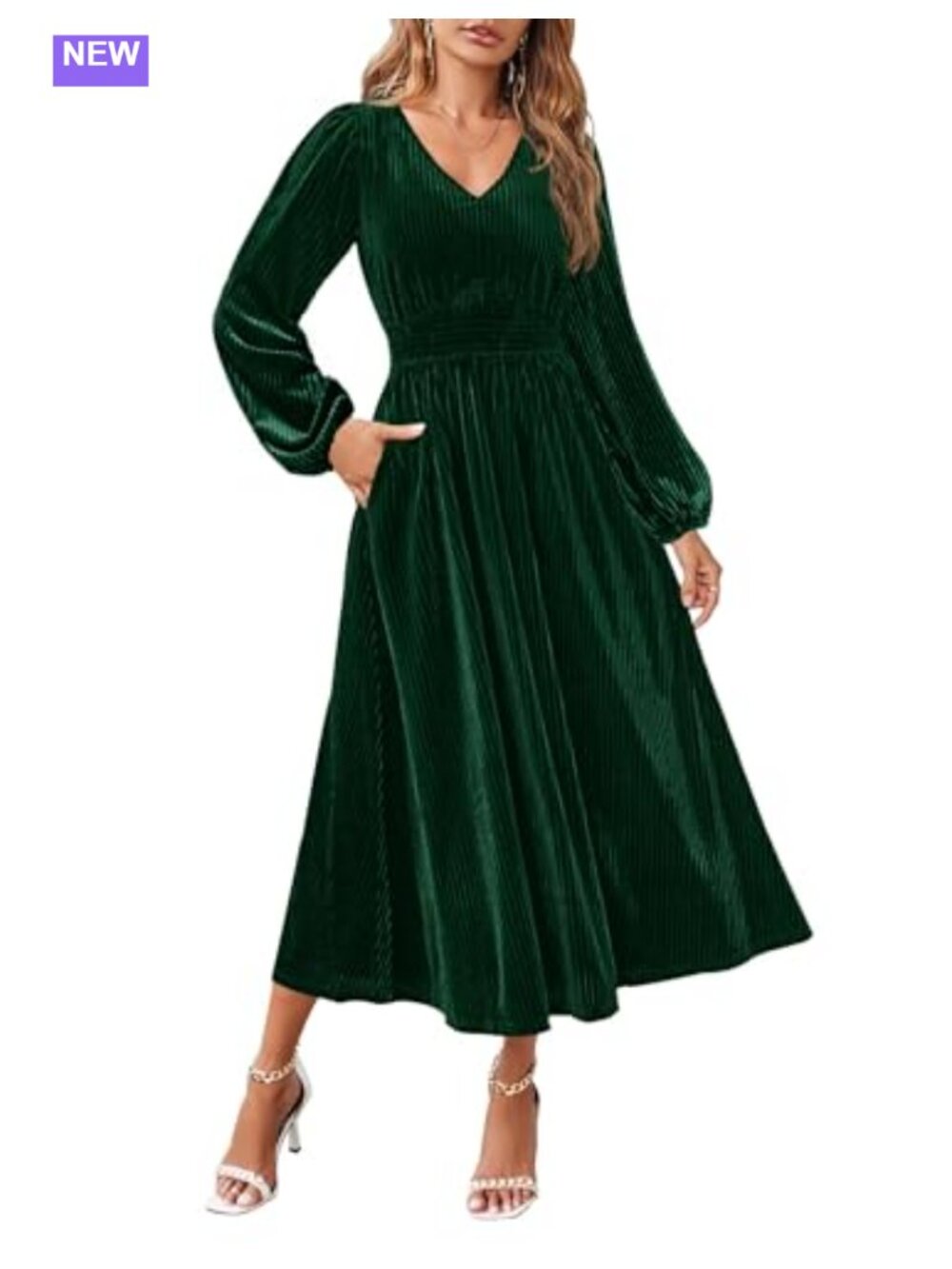 Velvet Long Sleeve Midi Dress Smocked Waist A-Line Wedding Guest Cocktail